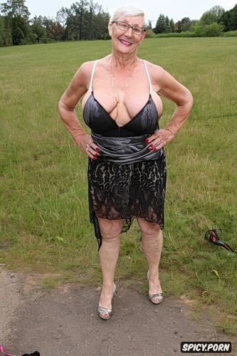 super massive fake huge naked boobs, frontal exposure, ultra detailled caucasian granny