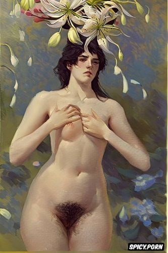 henri gervex, flat chest beautiful teen white women with a white lily in her right hand