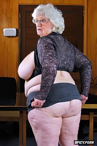 bare ass, color photo old female, thick, realistic skin in a large classroom ultra detailed