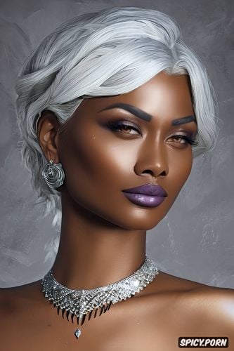 high cheek bones, masterpiece, hawke dragon age beautiful face ebony skin silver hair low cut strapless black evening gown