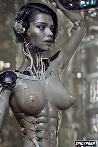 precise arms, blank grey background 1 7, oiled body, beautiful woman standing in a cyberpunk chamber1 9