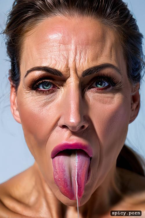 in a high resolution 4k image many colors an 50 year old ukranian woman staring straight into camera in a face portrait with wrinkled skin sticking her long tongue out in the camera tongue ring long tongue pink tongue tongue out cum on tongue cum all over face pov