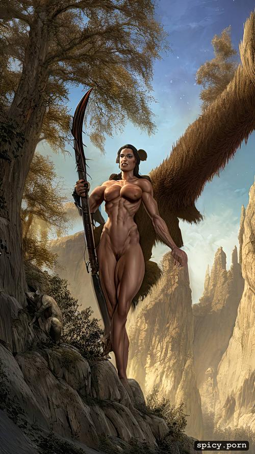ultra detailed, nude muscle woman vs bear, strength effort, highres