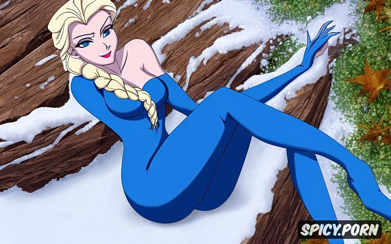 elsa from disney s frozen, pissing, front view, naked in the snow