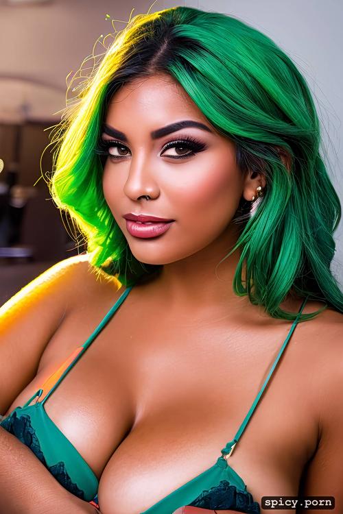 latina, neon green hair, intricate, piercing, beautiful face