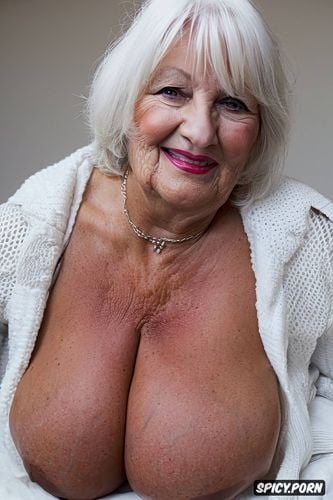 white hair, large areolas, portrait, huge massive hooters, granny