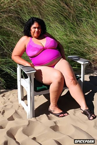 sagging fat belly, sitting on short chair, front view at beach