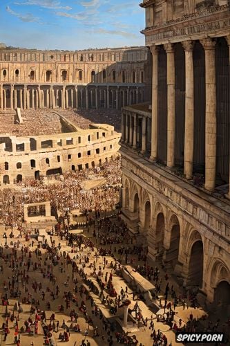 pale skin, big natural breasts, historical roman buildings in the background