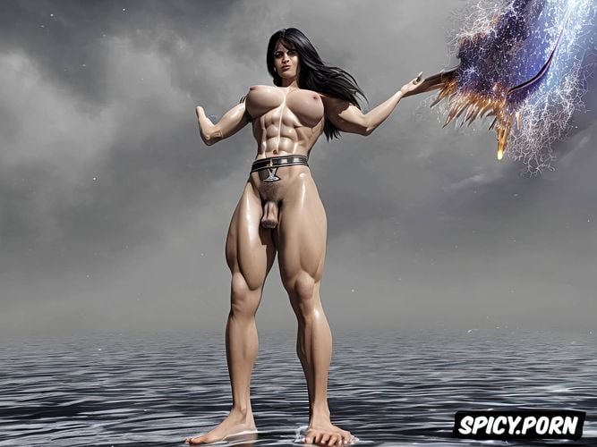 giant feet, lightenings, photo a super muscular transgender female look with huge dick