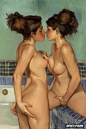 women in humid bathroom with fingertip nipple touching breasts tiled bathing intimate tender lips modern post impressionist fauves erotic art