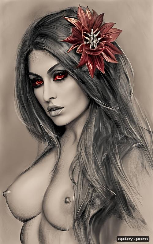 ink, red flower, runes, long hair, natural, 8k, charcoal, black leather