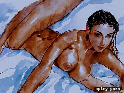centered, 20 years, tanned skin body, armenian woman, medium tits