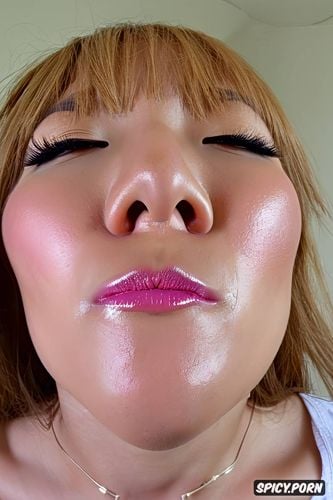 heavy pink makeup, huge botox lips, pink eyeshadow, pink blush