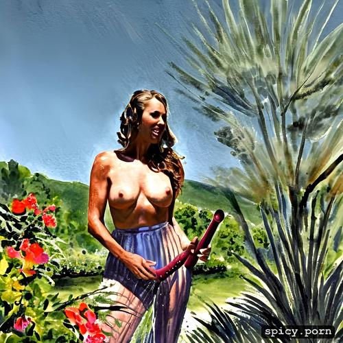 dee williams naked in her garden with a hose pipe