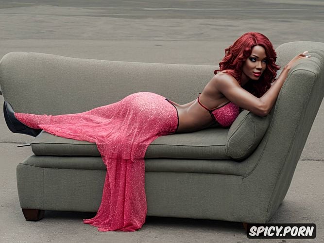 perfect body, laying on chaise, profile shot, pink sash, exotic waitress