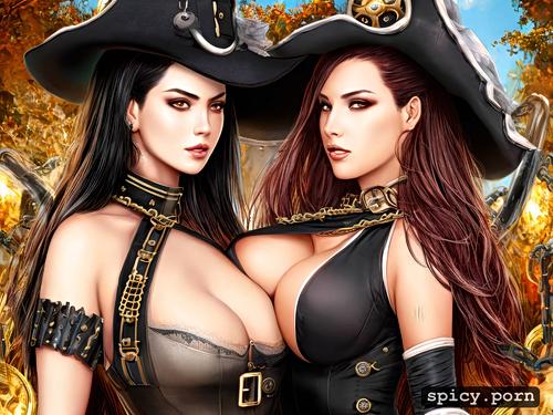 beautiful face, steampunk ship, beautiful pirate, black corset with golden buttons and chains