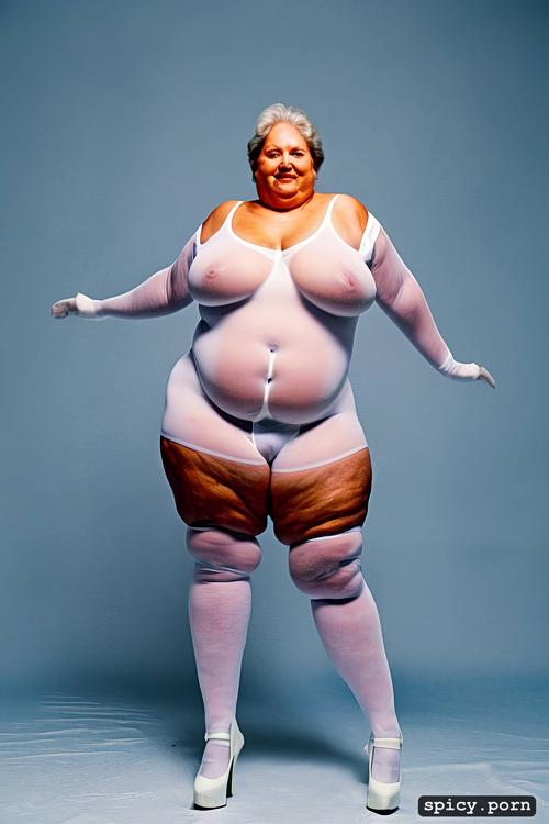 sagging belly, cloudy day, big bulge between legs, a standing obese 80 yo fat woman wearing white very transparent tight bodysuit with white legs