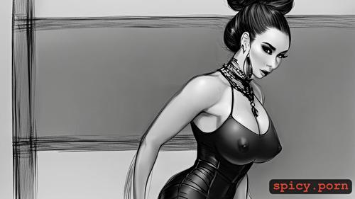 tight black dress, intricate long hair and small hair buns, pencil sketch