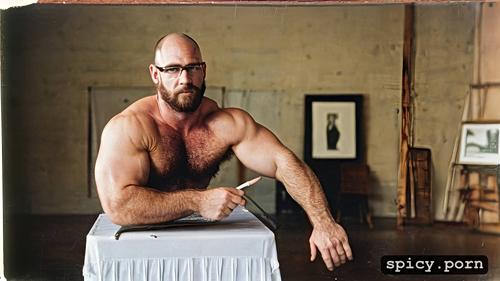 a midaged stocky hairy white man poses full nude in an art class
