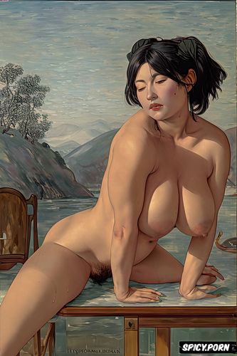 fog, man keanu reeves grabs woman s neck, courbet, wide gap between breasts