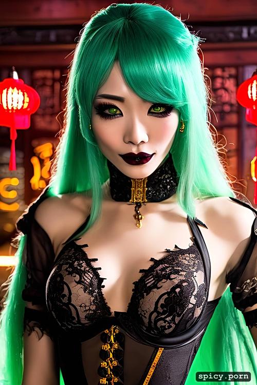 bar, makeup, goth, skinny body, tiny breasts, green hair, chinese lady