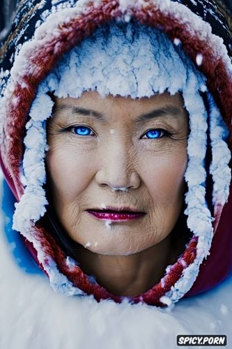 closeup, pov, face photo 90 year old mongolian woman with round facial features and high cheekbones