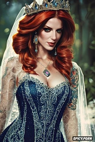 tattoos masterpiece, k shot on canon dslr, ultra detailed, triss merigold the witcher beautiful face young tight low cut dark blue lace wedding gown tiara