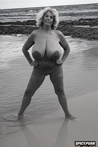 80 years old, latina lady, beach, blondie hair, seductive, massive boobs
