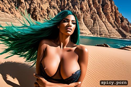 seductive, 25 years, curvy body, black woman, green hair, in desert