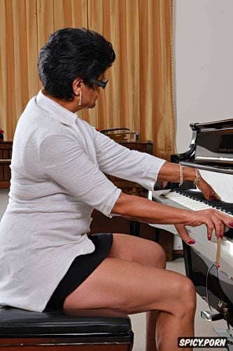 smart dressed, sitting playing a piano, blue long skirt, white hair