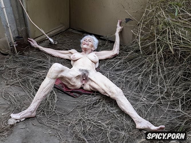 filthy dirty, extremely old granny, lying on back in alley, naked