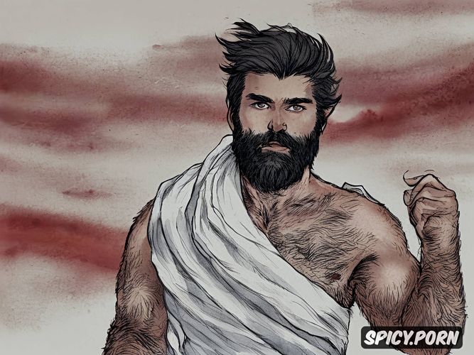 intricate hair and beard, full shot, artistic sketch of a bearded hairy man wearing a draped toga in the wind