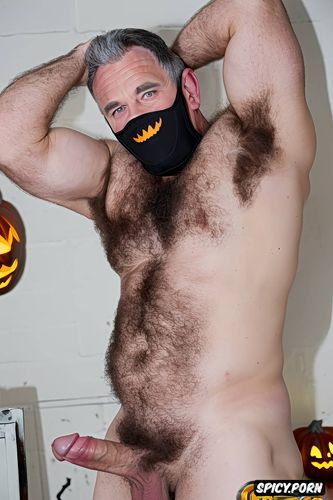 solo hairy gay muscular old man with a big dick showing full body and perfect face beard showing hairy armpits indoors chubby body wearing a halloween mask