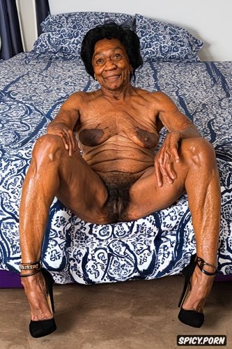 crackhead granny, 80yo, legs spread on bed, open hairy pussy sexy high heels