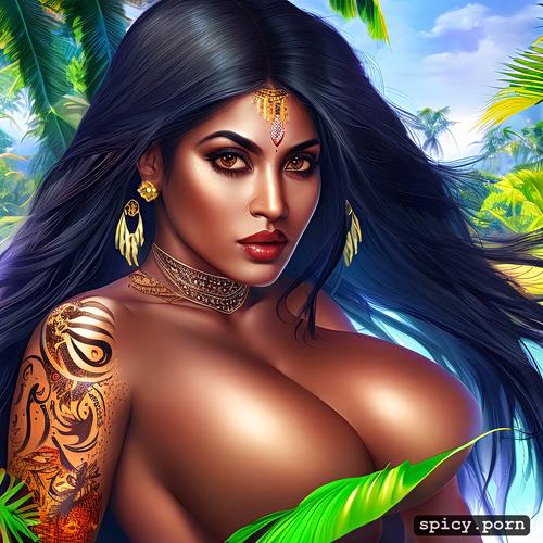 pastel colors, indian female, jungle, large natural breasts