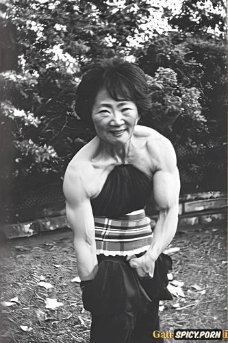 muscular, short hair, huge futanari dick, pretty mature japanese granny face