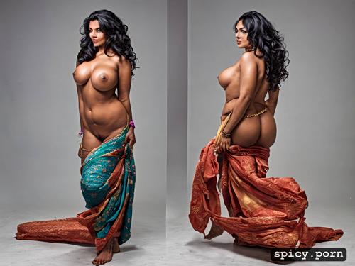 saree, soft plump small stomach, completely nude, jawline prominent cheekbones