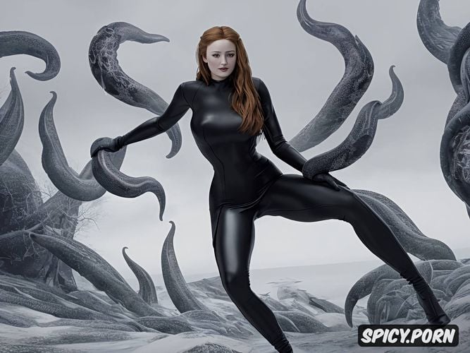 photorealistic, highres, molested by thick alien tentacles, tentacles seek her pussy and breasts