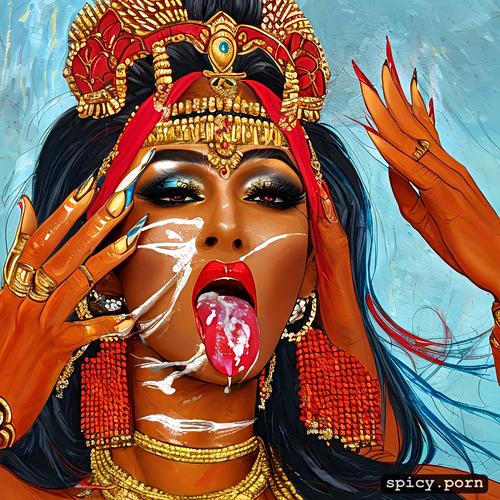 cum on tongue, indian godess, red lipstick, blue skin cum dripping from face