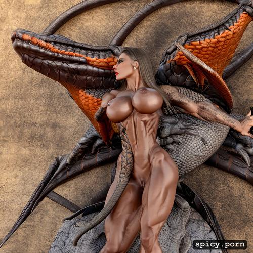 crush chains, nude muscle woman fight dragon, massive abs, realistic