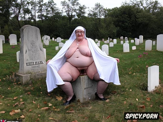 grave with headstone in a cemetery, very wide hips, pear shaped body