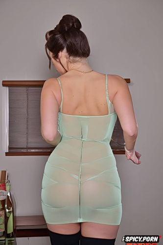 24 year old, thong lines showing under tight dress, high ponytail