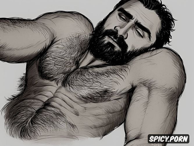 rough sketch, hairy chest, prominent huge balls, intricate hair and beard
