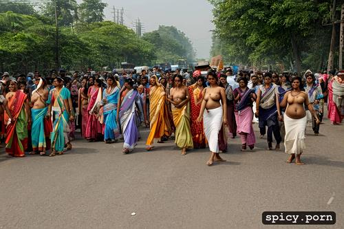 on crowd public road, indian woman, short, long hair, small breasts