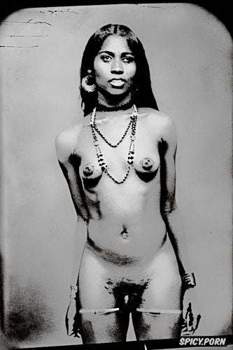 bony collarbone and pelvis, daguerreotype photo, younger teen dark skin indian beauty