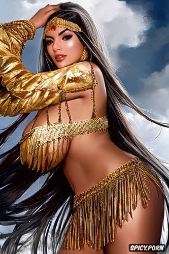 gigantic perfect boobs, long black hair, wide hip, full view