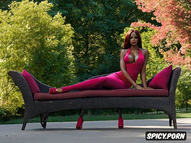 legs arched, laying on chaise, intricate hair, black american model