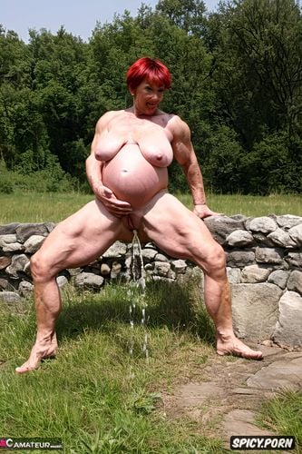 only woman, big pussy spread, nude, completly nude pissing pregnant muscular thighs red pixie haircut