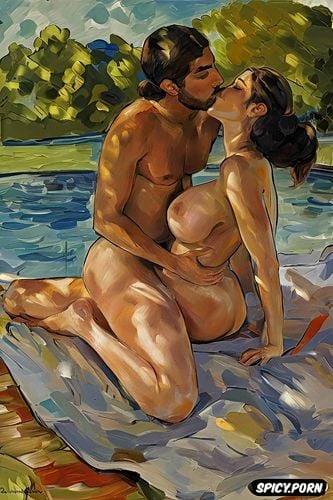 passionate kiss, pulling hair, matisse, sunlight, painterly