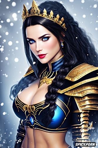 confident smirk, tiara, female knight, dark blue eyes, wearing golden scale armor